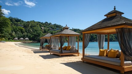 Obraz premium A row of beach cabanas with plush seating on a private island beach under a bright blue sky