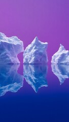 Obraz premium Icebergs float in water with a purple and blue sky background.