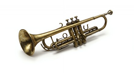 Obraz premium Tarnished Golden Trumpet Lying Broken on White Background in Studio Lighting with Detailed Texture Perfect for Ads and Promotions Symbolic of Damage Reuse and Repair Isolated Object