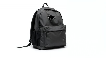 Tattered Gray Backpack Ripped Shows End Of Journey Isolated By White Screen Background In Studio
