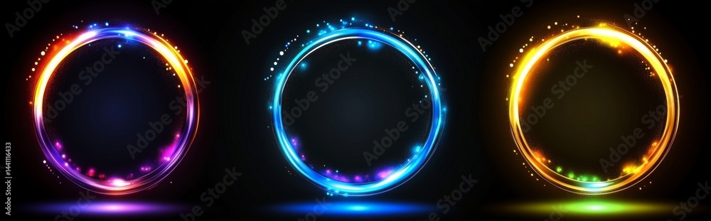 Poster modern realistic illustration of neon color round frames glowing and shining in dark space, planet e