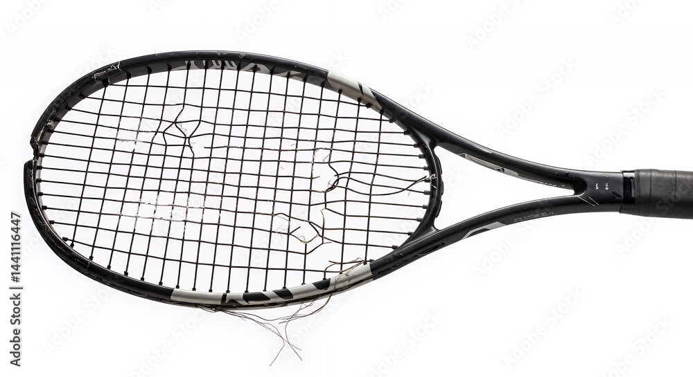 Poster torn and damaged tennis racket strings severed frame broken isolated on immaculate white background 