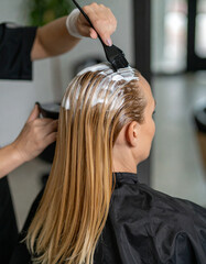 Fototapeta premium Close-up of a hairstylist applying hair dye to a client in a professional salon, focusing on color and technique