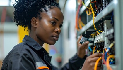 Female electrical engineer examining control panel in industrial facility