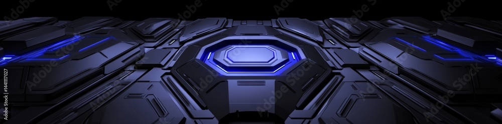 Poster glowing neon blue frames with a futuristic look are set on a dark background and showcase a range of