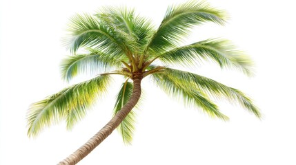 Tropical Palm Tree Swaying in Breeze, White Background, Vacation Use