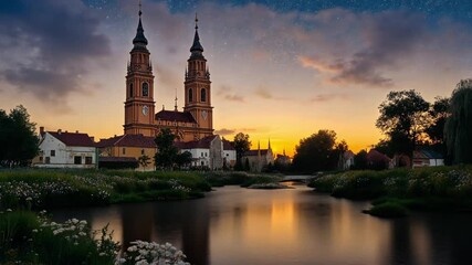 Sunset over the Church and River - Powered by Adobe