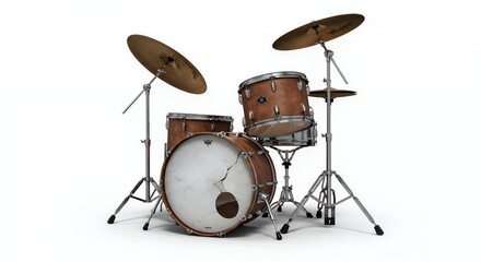 Vintage Drum Set Isolated on White Seamless Background Featuring a Cracked Cymbal Representing Forgotten Rhythm and the Theme of Instrument Repair