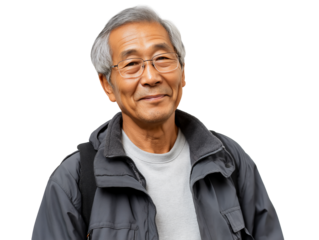 Happy senior Asian man wearing jacket and backpack, isolated on white or transparent background