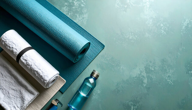 Flat lay of yoga essentials with copy space, mat, towel, and water bottle for National Yoga Day.
- Powered by Adobe