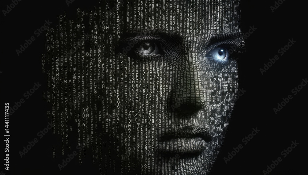 Poster the picture of the human face that has been paint with binary code on the face in the dark room, bin