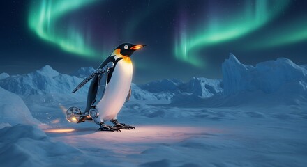 Fototapeta premium Mechanical Penguin Under Aurora Borealis