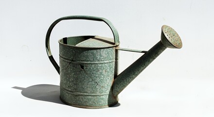 Weathered Green Watering Can Isolated on White Background Showing Cracks and Rust Details Ideal for Reuse and Recycle Concepts in Studio Lighting