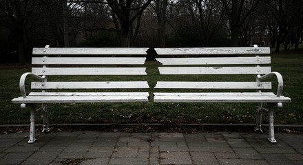 Weathered White Park Bench Split Down the Middle Isolated on Stone Path in Outdoor Park Featuring Damage and Decay Perfect for Decorative Purposes or Reuse Ads Promotion on White Screen Background