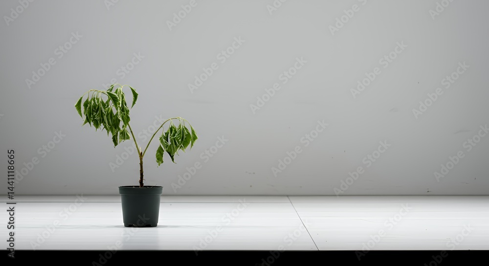 Poster withered potted plant damage isolated on white screen background symbolizing decline and broken obje