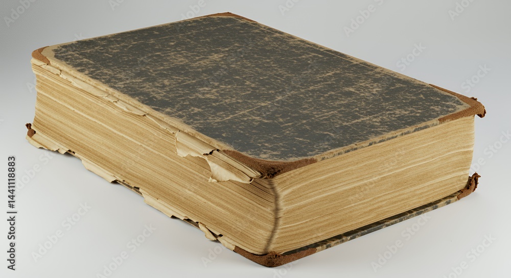 Poster worn tattered textbook on white backdrop displaying old pages isolated on clean studio environment r