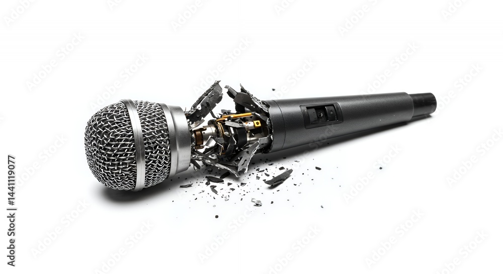 Poster wrecked silver microphone on white backdrop featuring broken fragments and sharp details in a studio