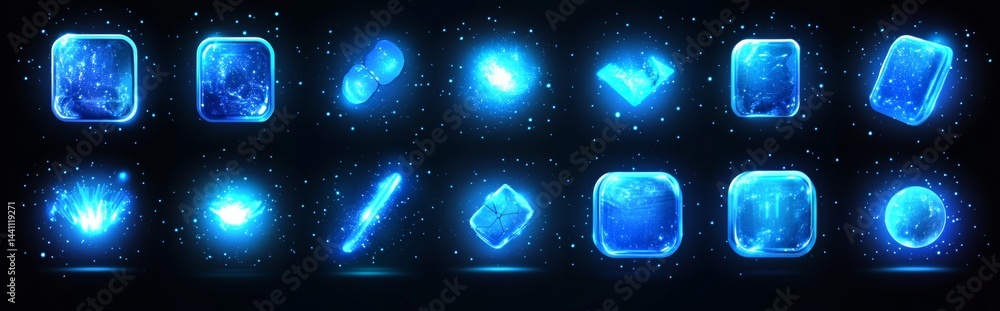 Poster modern realistic illustration of round, oval and abstract shape borders, featuring transparent neon 