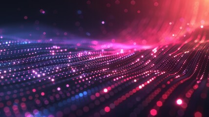 Abstract picture of micro light sparkling particles scattered across vivid flowing wave with digital background, create digital effect scene perfect for energetic and fantasy wallpaper design. AIG53.