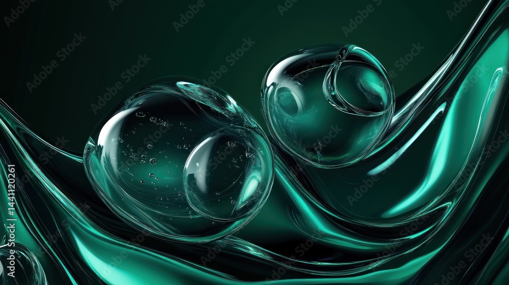Aufkleber abstract bubbles floating with fluid teal motion on dark background, ideal for technology and scienc