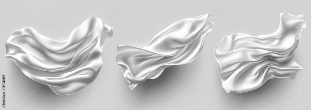 Poster billowing drapery and flowing textile shapes in different positions demonstrate a realistic 3d dynam