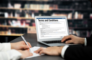 Digital legal contract provide terms and conditions document on computer screen ready for online...