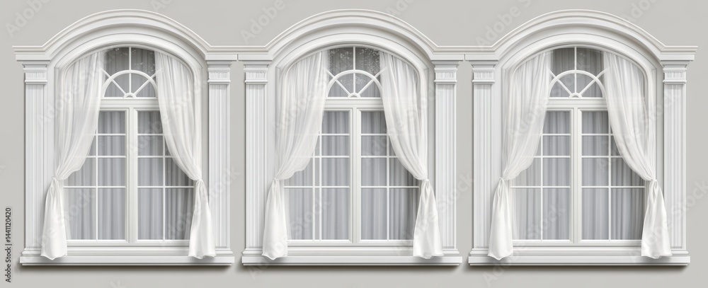 Poster a window composition featuring translucent white curtains with clean pvc frames and a gentle flutter