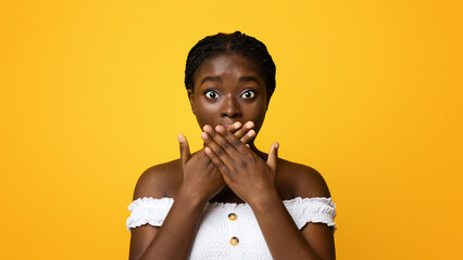 No Way. Shocked African American Woman Covering Face With Crossed Palms, Looking At Camera With Astonishment, Standing Speachless Over Yellow Background, Emotionally Reacting To News, Copy Space
