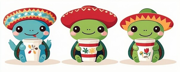 Obraz premium A cartoon illustration features amusing turtles isolated on a background, showcasing modern depictions of sea animals playing maracas in sombreros, running marathons, and walking sleepily with coffee