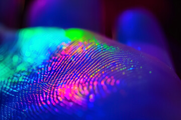Close-up of a fingerprint under UV light, highlighting its unique patterns in vibrant neon colors, revealing intricate skin details.