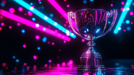 A shiny trophy glows under vibrant neon lights