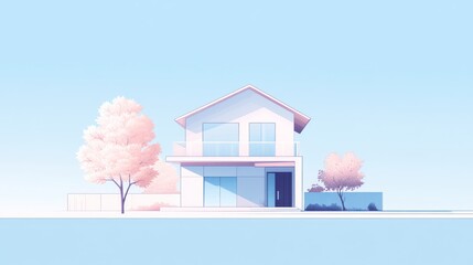 Pastel house illustration, modern architecture, spring scene, digital art, possible use stock photo for real estate, design, or home decor