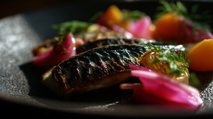 Grilled mackerel and pickled vegetables.