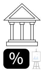 Pillared building representing banking, percentage sign symbolizing interest, and presentation board suggesting financial planning. Ideal for finance, banking, education, investment, economics