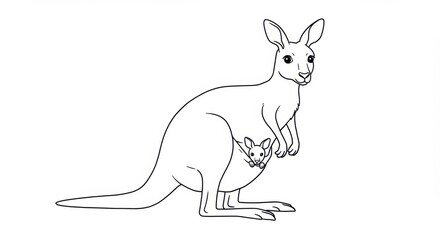 Kangaroo with Joey in Pouch - Outline Drawing