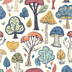 Whimsical autumn forest pattern; trees, mushrooms; fabric print