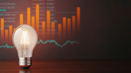 Illuminated Idea Bulb on Wooden Surface Against Financial Data Graph Displaying Rising Trends