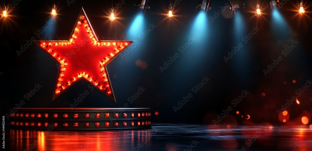 Poster a dark backdrop features a neon red star shape illuminated by spotlights, accompanied by an empty st