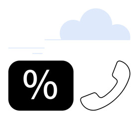 Percentage sign inside a rectangle, phone receiver, and cloud graphic. Ideal for communication, cloud computing, sales, data analysis, marketing campaigns, customer service flat simple metaphor
