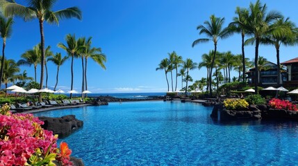 Naklejka premium Crystal-clear swimming pool surrounded by palm trees and tropical flowers