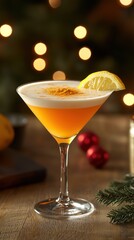 Festive Cocktail with Lemon Slice and Holiday Lights in Background