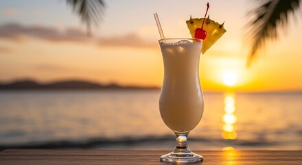 A pi&ntilde;a colada cocktail with pineapple and cherry garnish at sunset on a wooden table near the beach