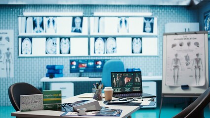 Professional medical office with diagnostic tools and a computer screen, showcasing a prepared...