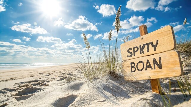 Decorative spring break signs planted in the sand with a bright sky backdrop