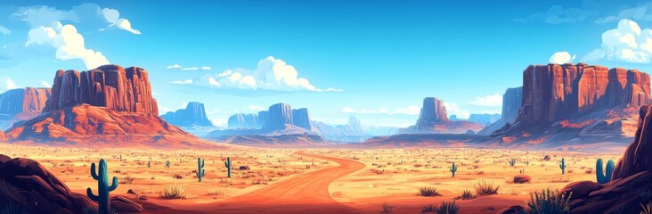 Naklejka premium A game's southwestern landscape is beautifully represented in this wild west desert scene, which boasts panoramic views of rock mountains, green cacti, and a meandering dirt path that crosses the