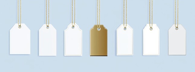 Gift tags featuring gold trim and metallic string come in a variety of shapes, while elegant white labels boast golden border details and realistic premium price tags are perfect for luxury items or