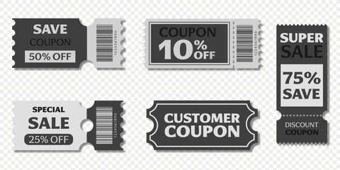 Easy coupons on the theme of discount, sale in black and white color without background