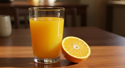 Fototapeta premium A glass of fresh orange juice with a half orange sitting on a wooden table in a bright setting