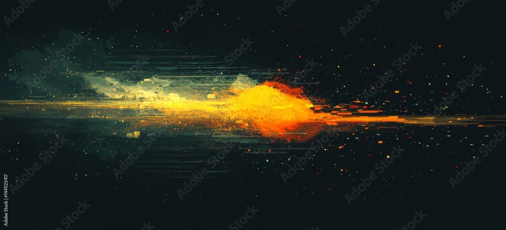 Poster modern illustration of abstract glitch lines on a black television screen, depicting pixel noise eff
