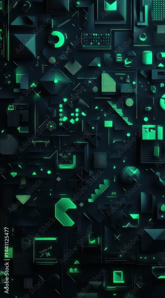 Poster abstract digital geometric surface glows with neon green lights, a 3d pattern for future tech backgr